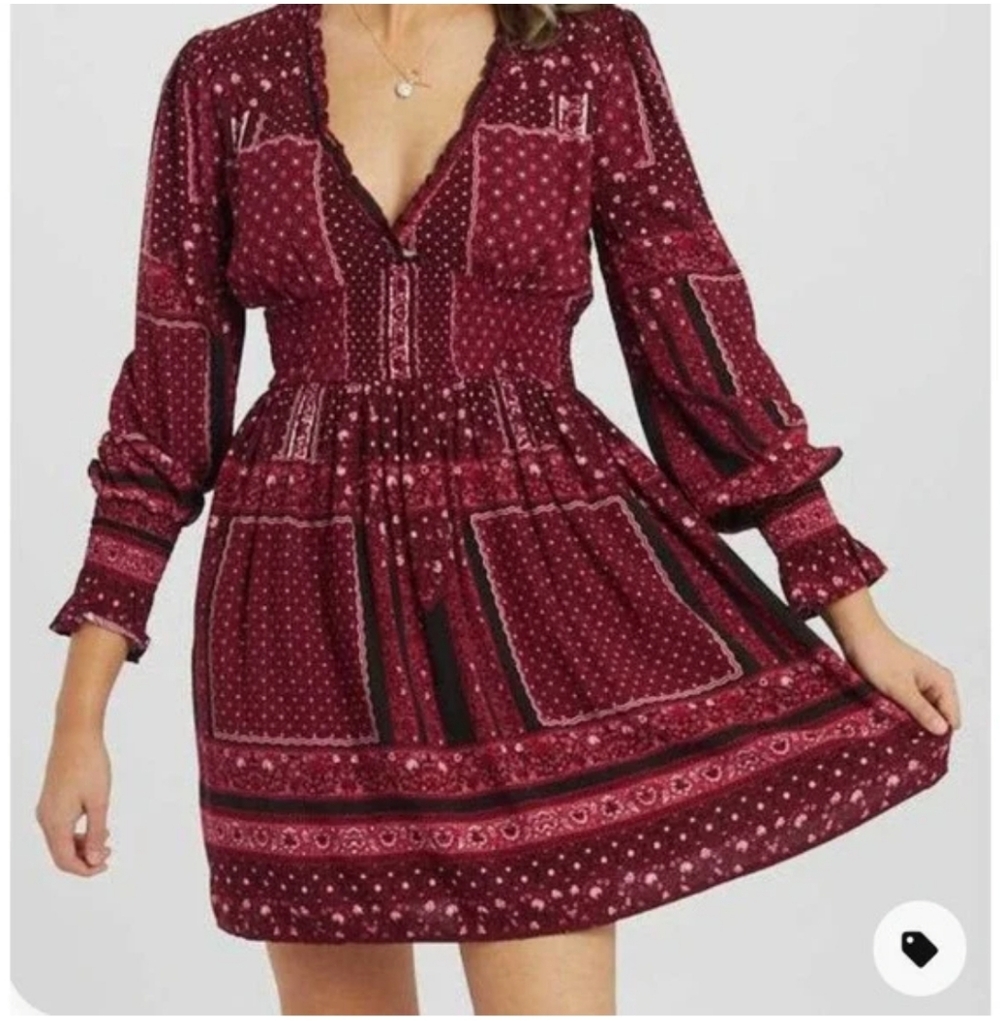 Altar’d State‎ Boho Mini Dress Burgundy Dresden Smocked Waist M Y2K Patchwork